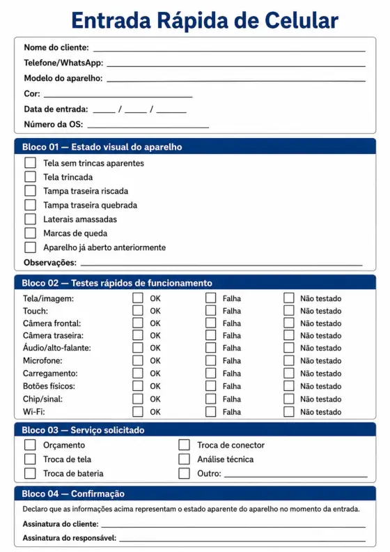 Checklist de entrada completa de celular com testes funcionais