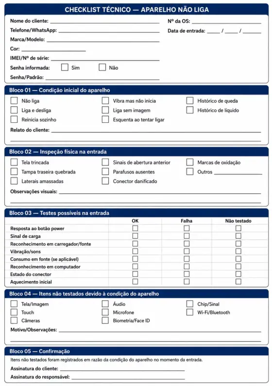 Checklist técnico para aparelho molhado ou oxidado