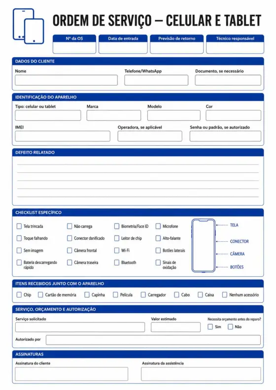 Modelo de ordem de serviço para celular e tablet, com checklist do aparelho