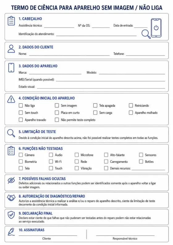 Modelo de termo de ciência para aparelho sem imagem ou que não liga
